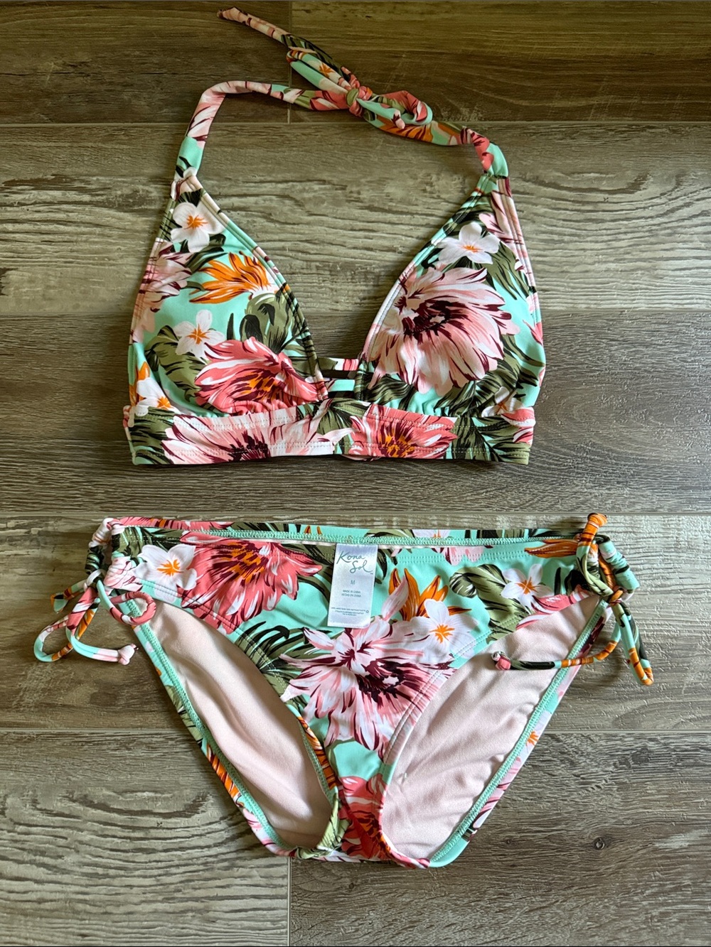 Women’s Floral Halter Bikini Set in Mint and Pink